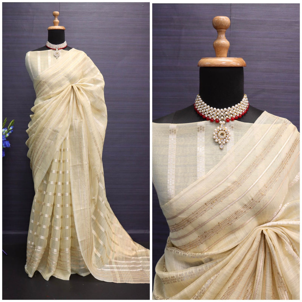 Elegant Tussar Silk Saree with Golden Zari Stripes & Floral Weave