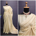 Elegant Tussar Silk Saree with Golden Zari Stripes & Floral Weave