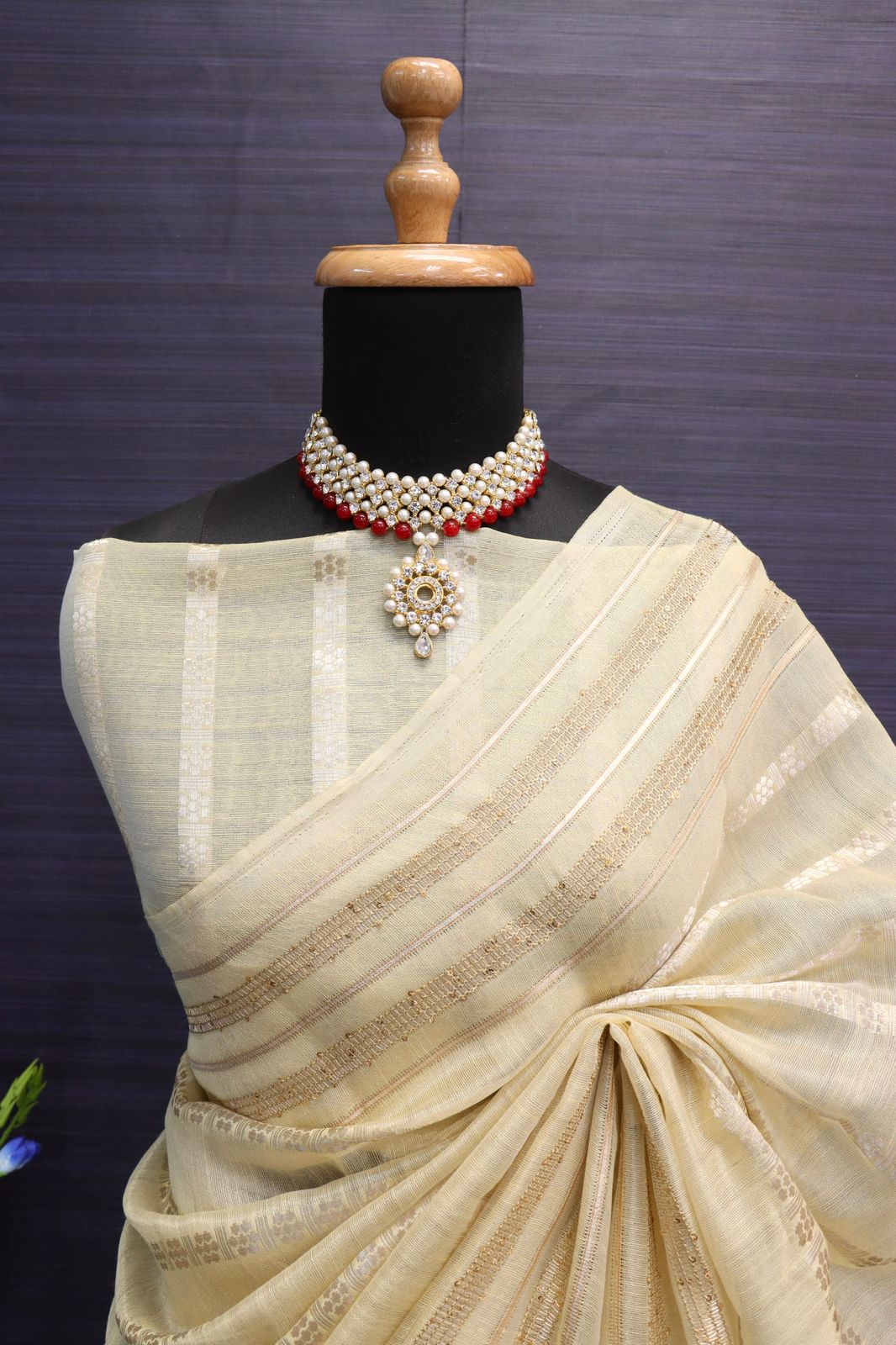Elegant Tussar Silk Saree with Golden Zari Stripes & Floral Weave