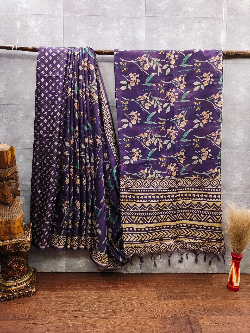 Tussar silk saree with hand painted floral pattern with hand block printed pallu