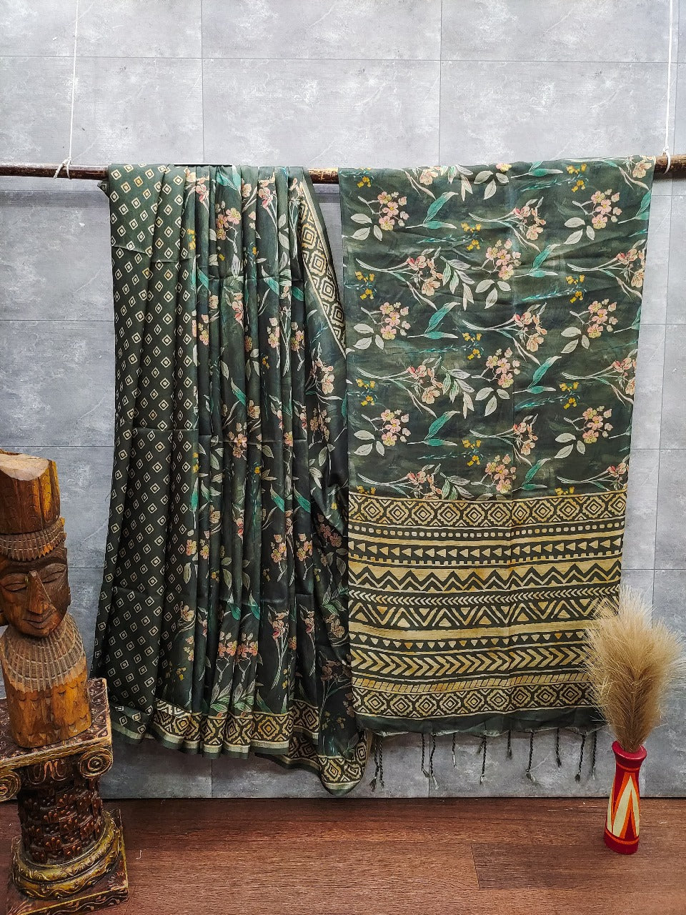 Tussar silk saree with hand painted floral pattern with hand block printed pallu