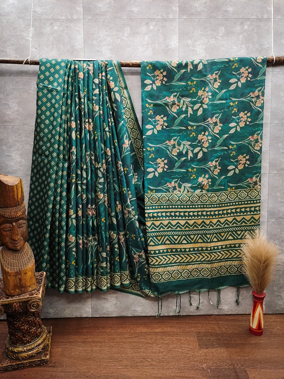 Tussar silk saree with hand painted floral pattern with hand block printed pallu