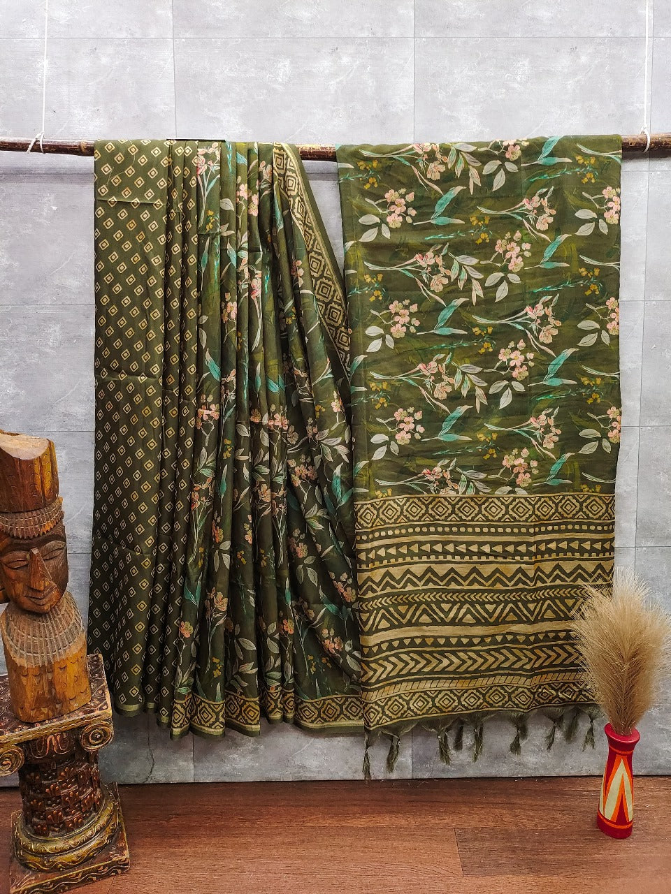 Tussar silk saree with hand painted floral pattern with hand block printed pallu