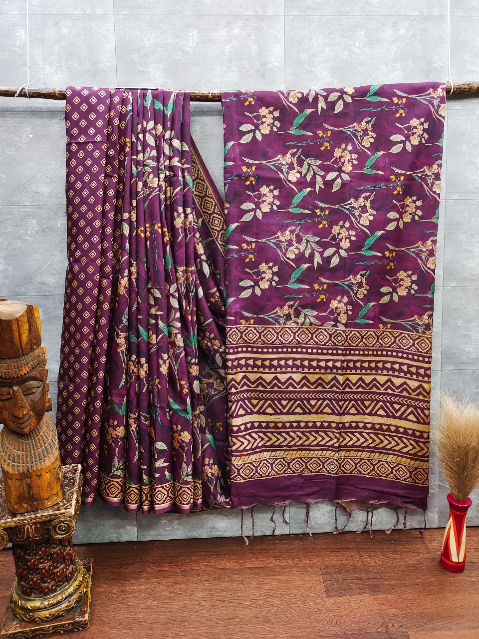 Tussar silk saree with hand painted floral pattern with hand block printed pallu