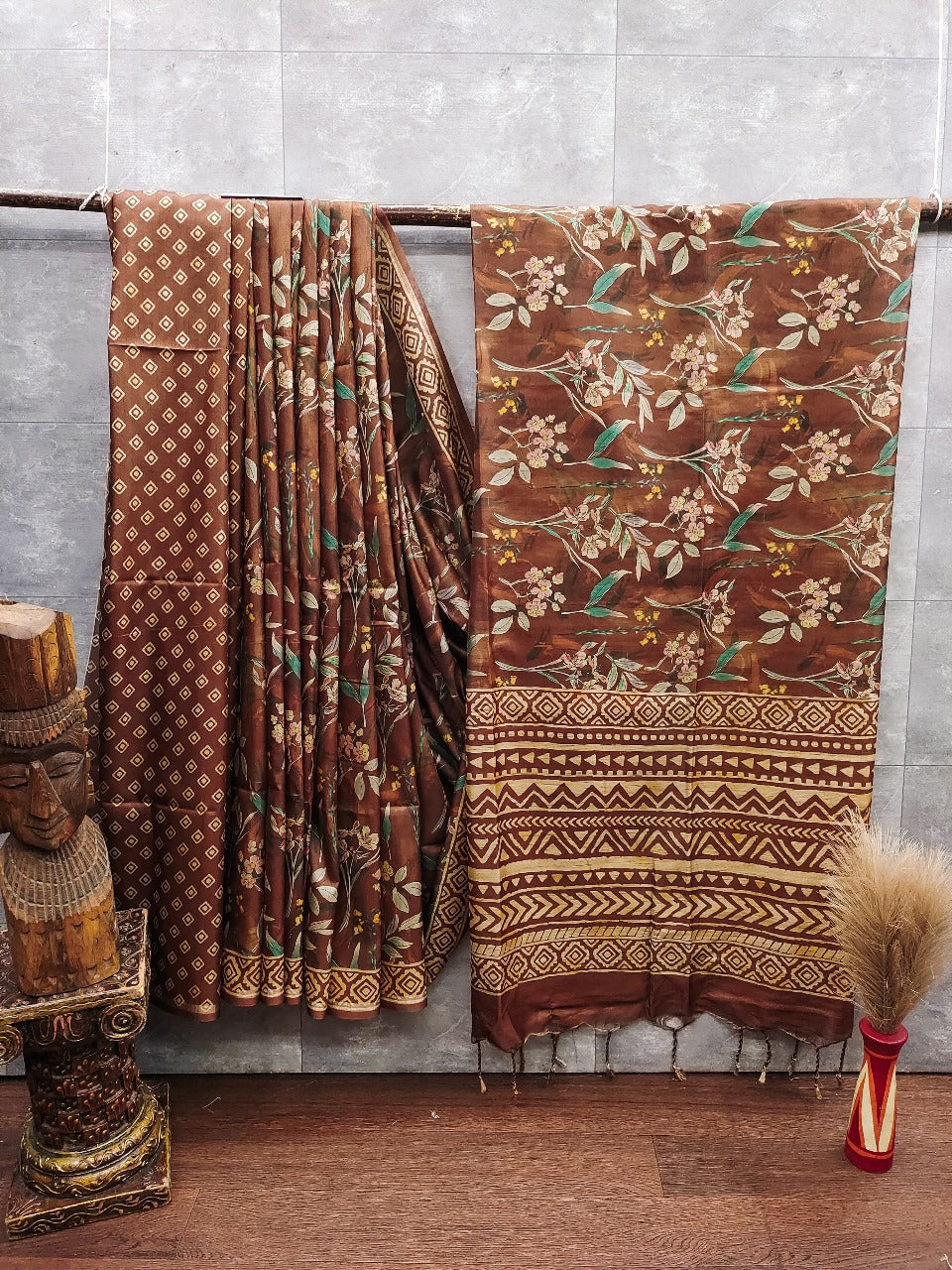Tussar silk saree with hand painted floral pattern with hand block printed pallu