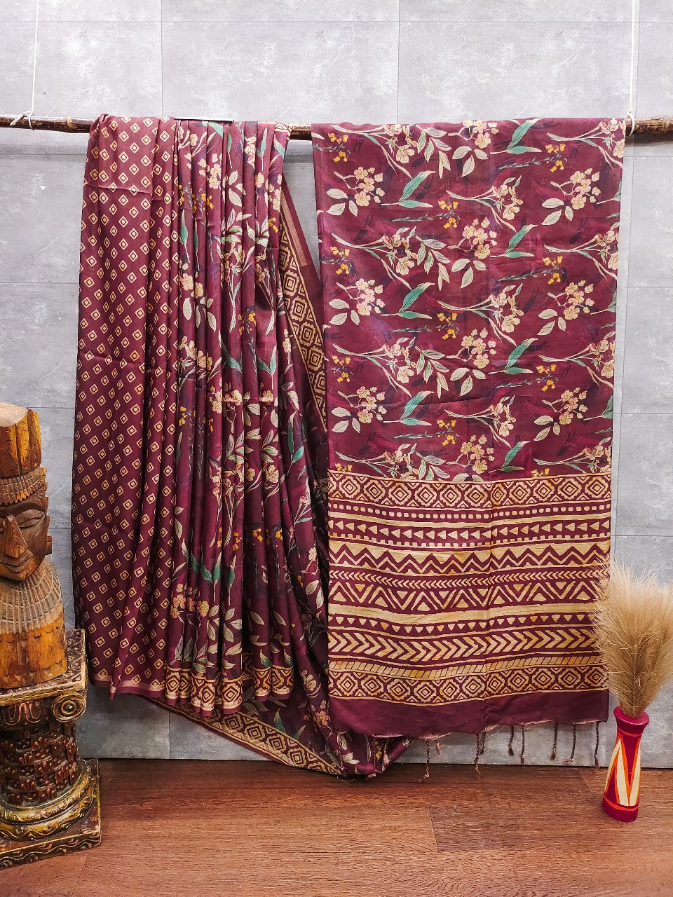 Tussar silk saree with hand painted floral pattern with hand block printed pallu