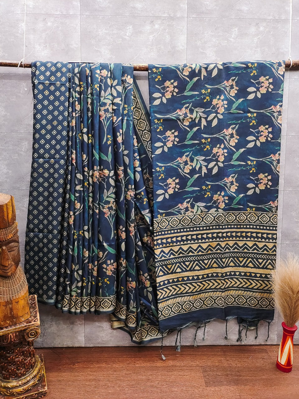 Tussar silk saree with hand painted floral pattern with hand block printed pallu
