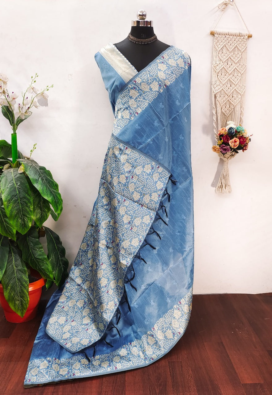 Banglori handloom raw silk saree with contrast jamdani weaving pallu
