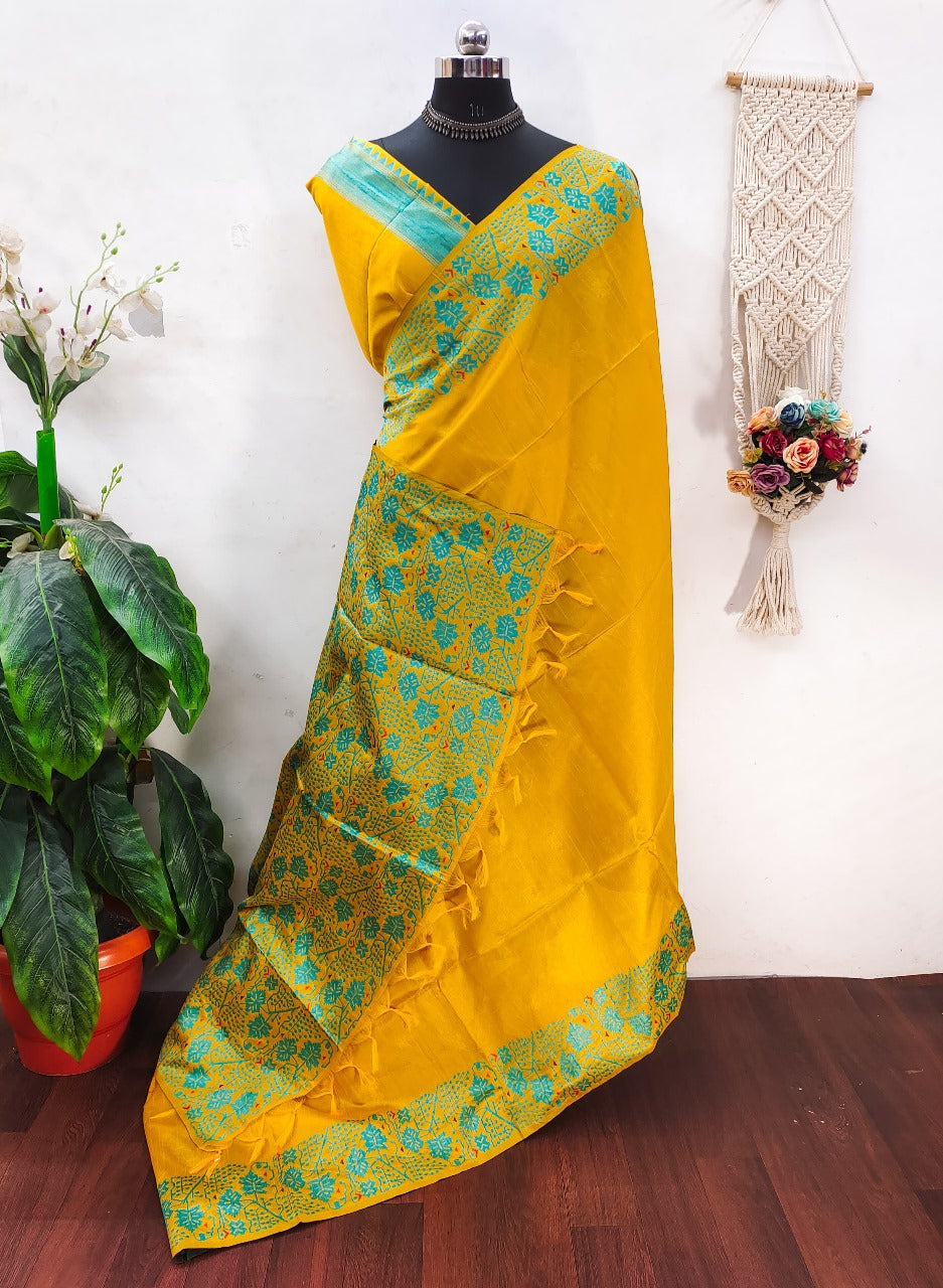 Banglori handloom raw silk saree with contrast jamdani weaving pallu