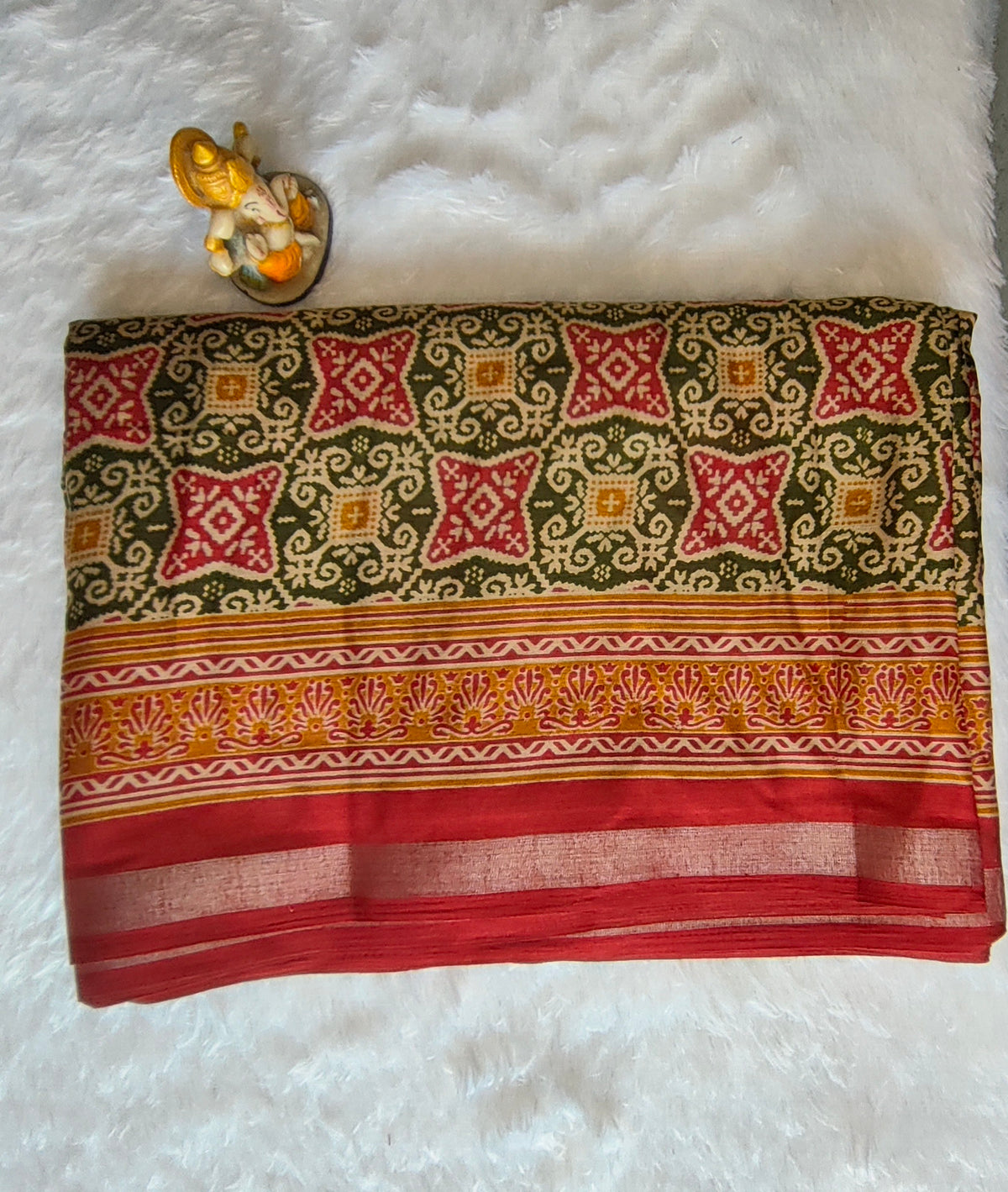 Traditional Cotton Silk Patola Saree in Red & Green
