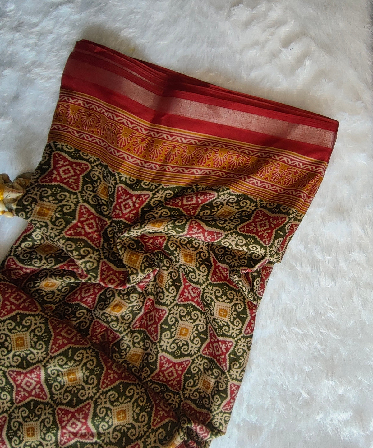 Traditional Cotton Silk Patola Saree in Red & Green