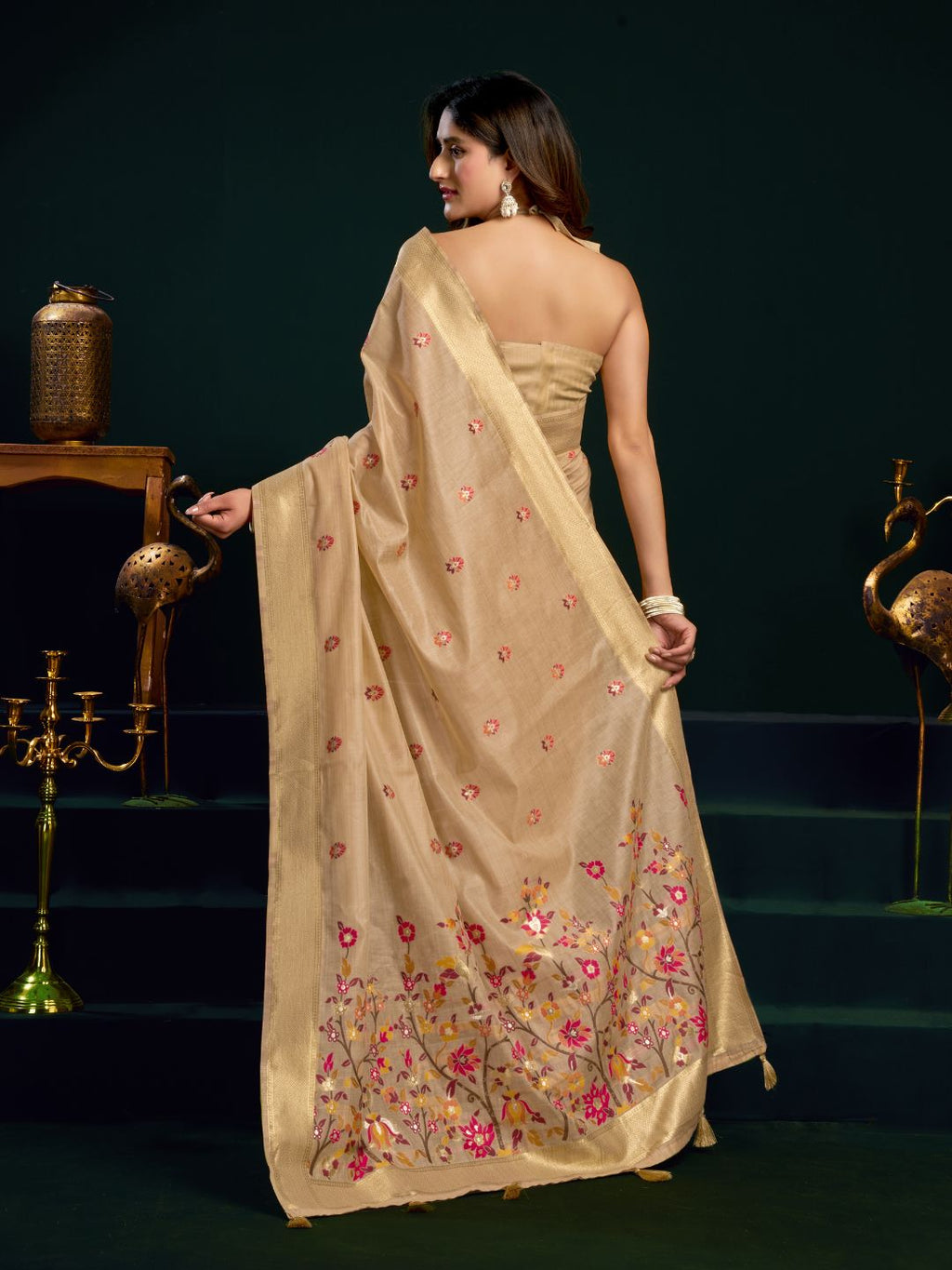 Muga cotton saree with meenakari weaving zari border work