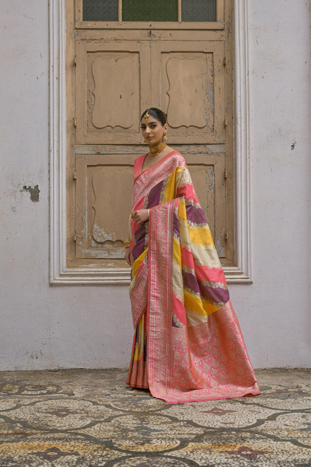 Multi traditional banarasi silk handloom saree with zari weaving work