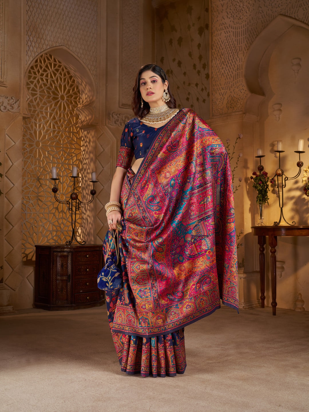 Traditional pashmina silk saree with woven design