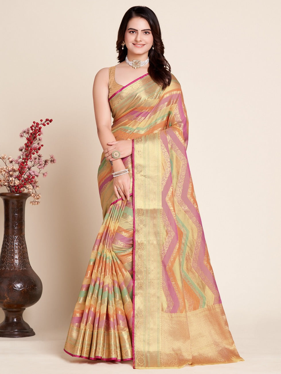 Pastel Gold Designer Banarasi Silk Saree