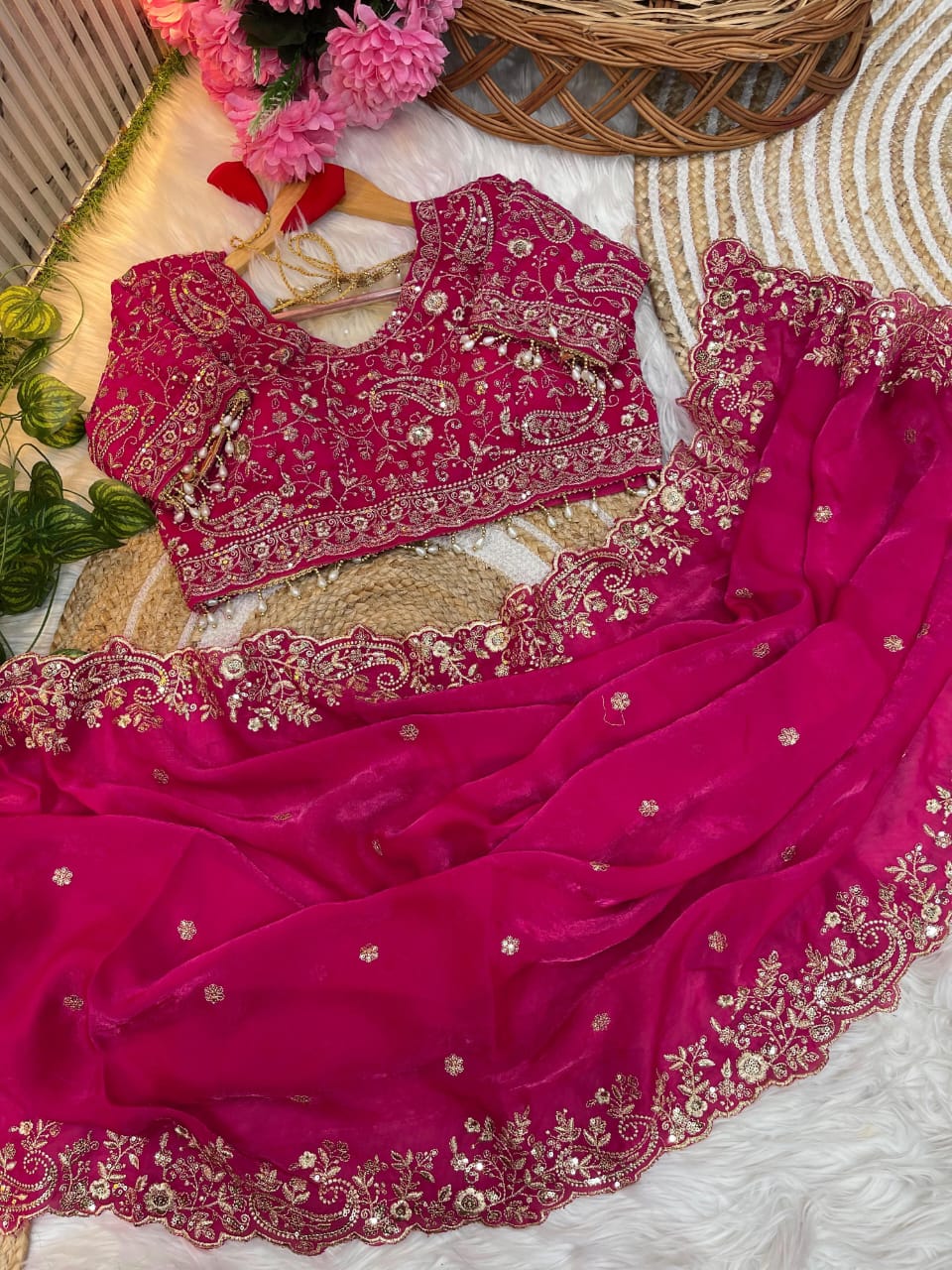Fancy fandy satin silk saree with sequence work and Ready made blouse