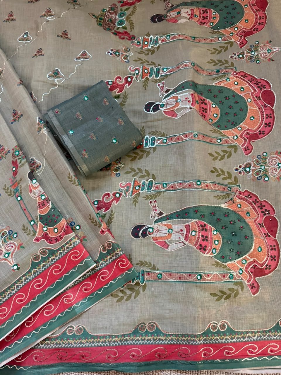 Beige color soft simar silk saree with embroidery and printed work