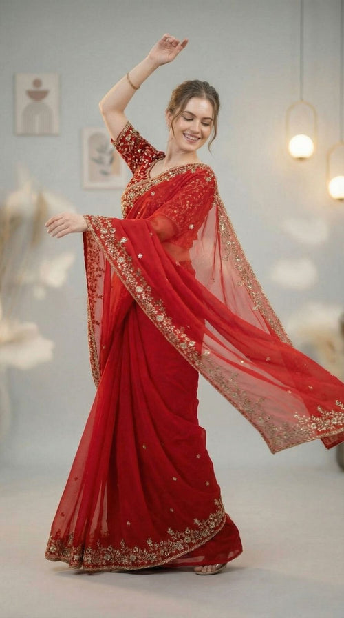 Chiffon Silk Saree with Sequence Work & Cut Work Border