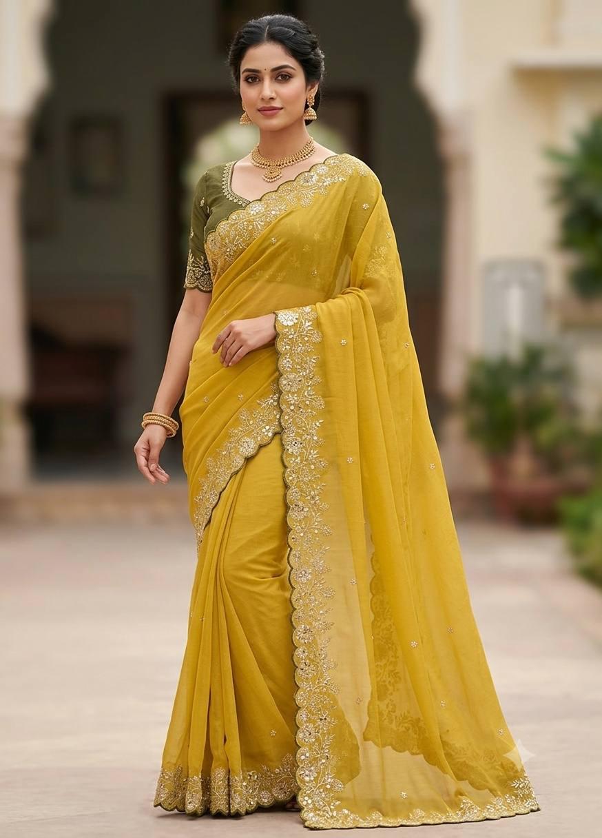 Heavy star georgette silk saree with zari weaving and thread embroidered work