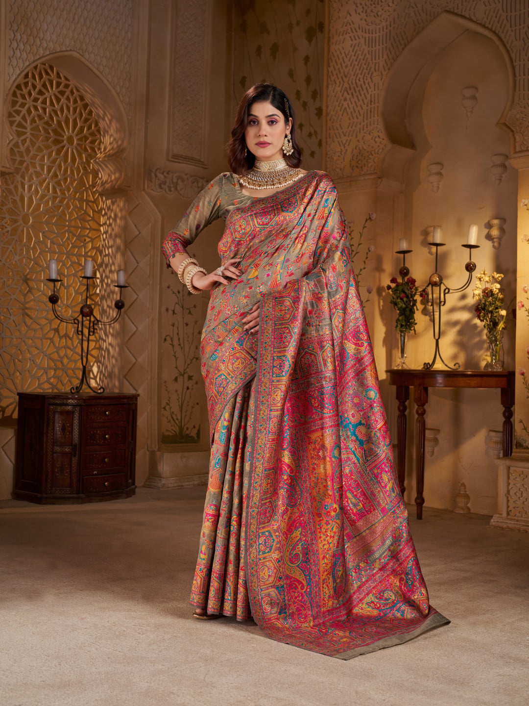 Traditional pashmina silk saree with woven design