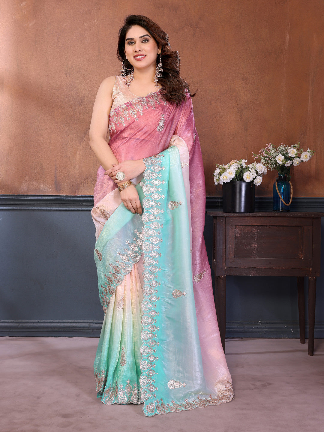 Multi color soft crushed silk saree