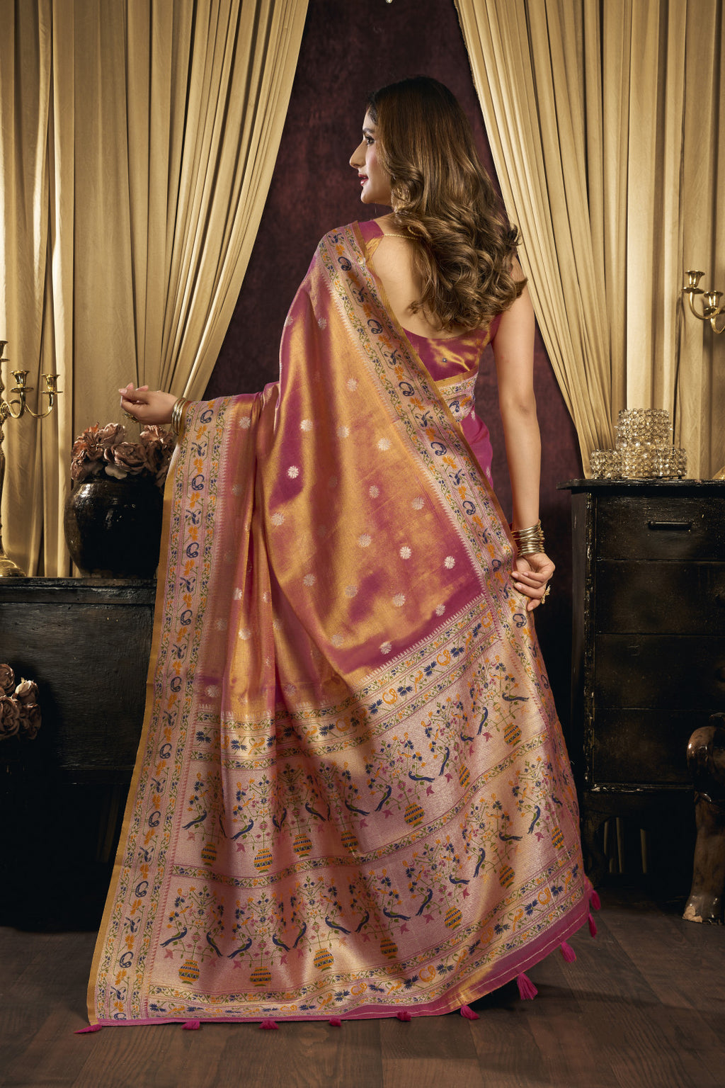 Soft tissue paithani silk saree with thread weaving work