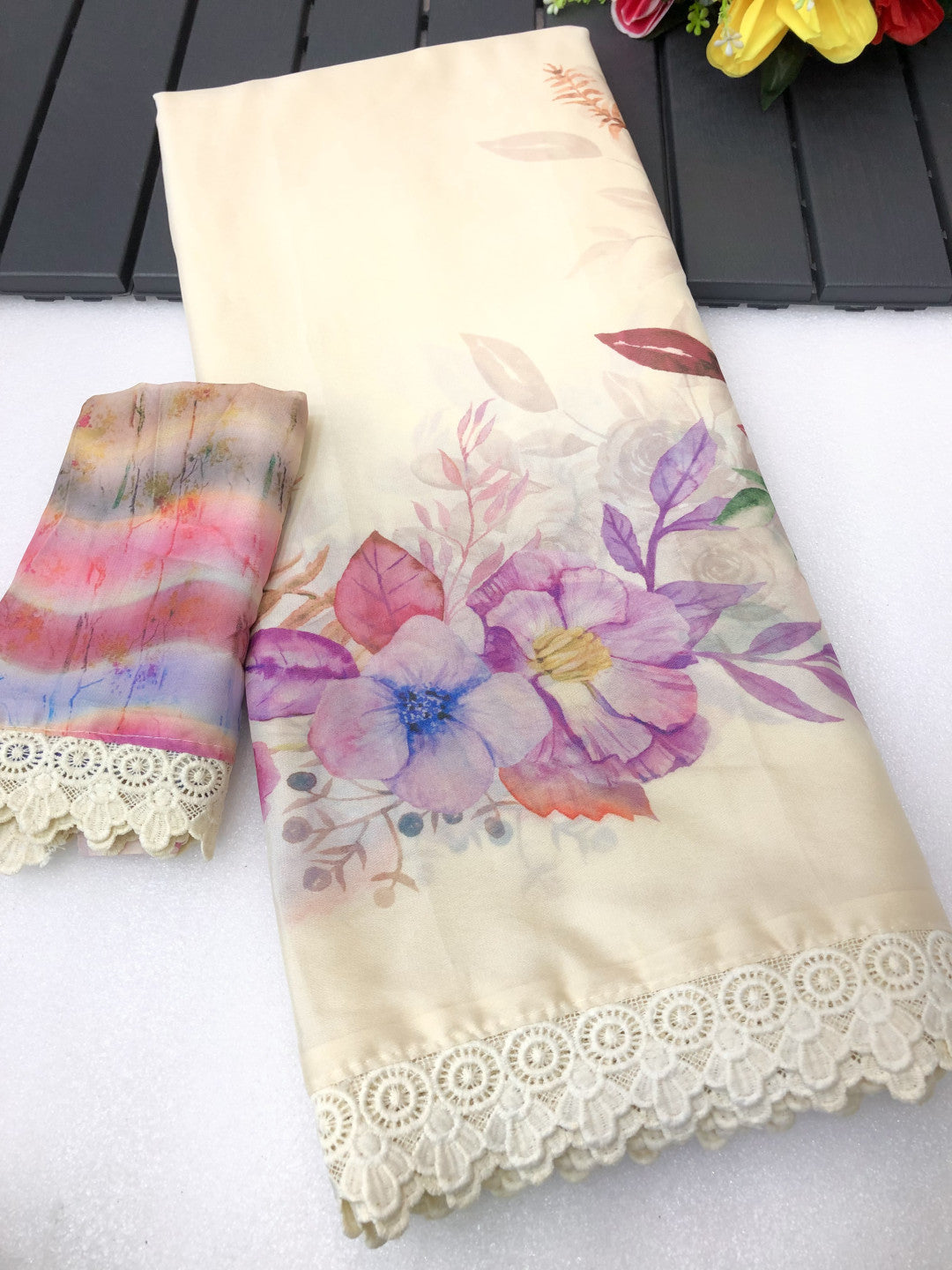 Off-White Chiffon Saree with Floral Print & Lace Border