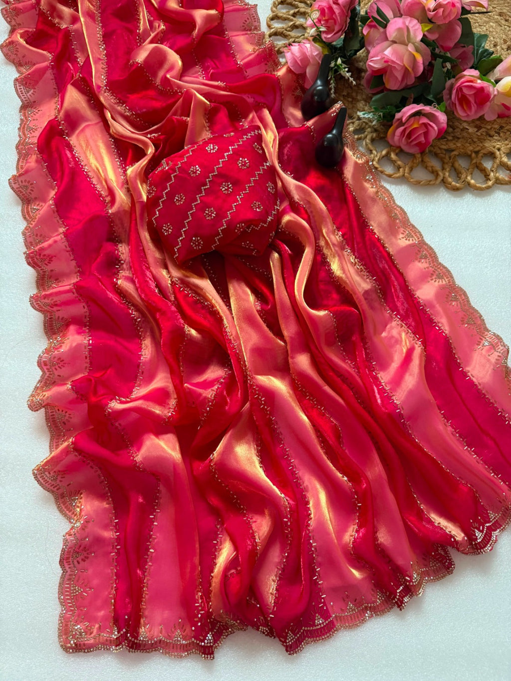 Fancy soft space silk saree with jarkhan and embroidery work