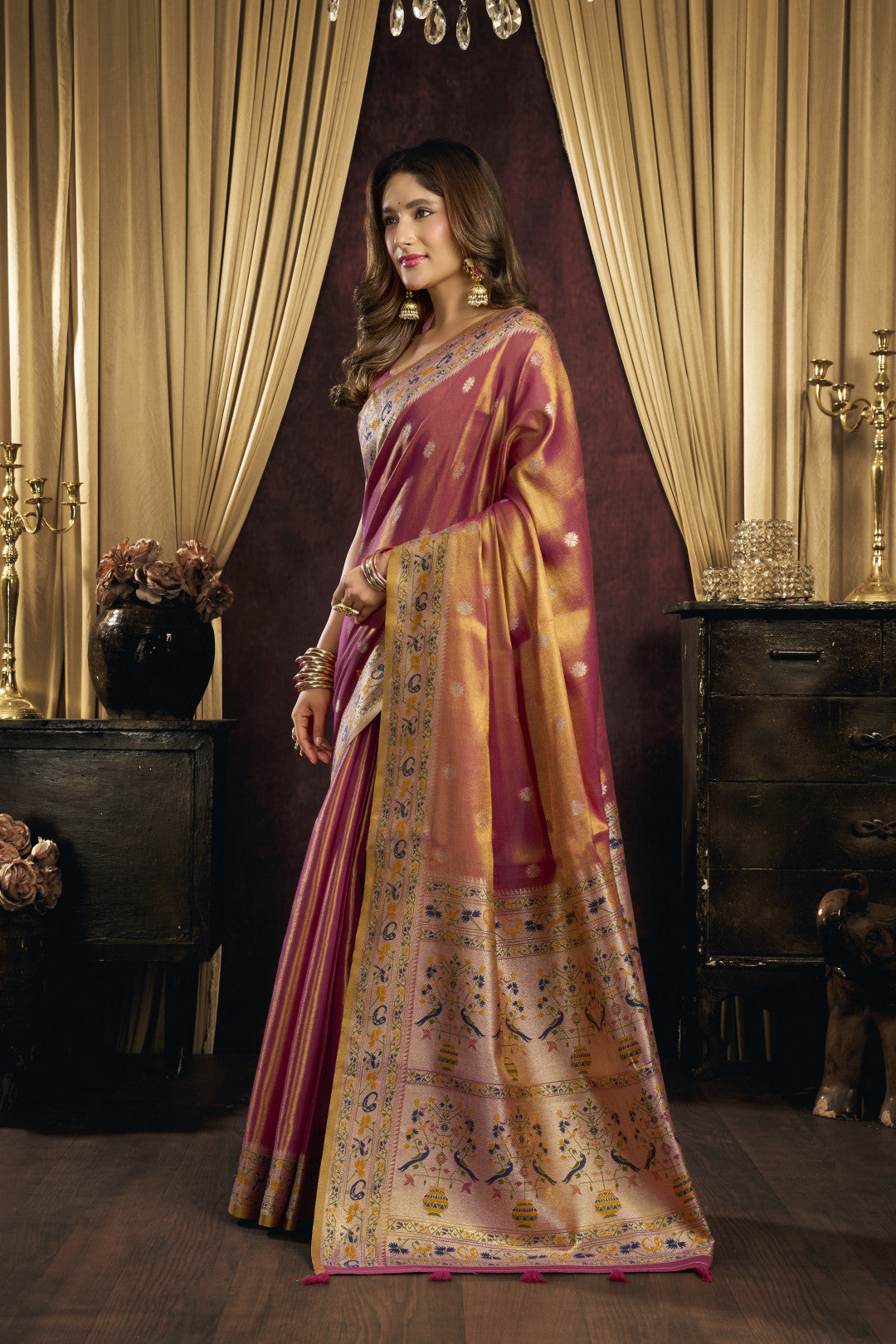 Soft tissue paithani silk saree with thread weaving work
