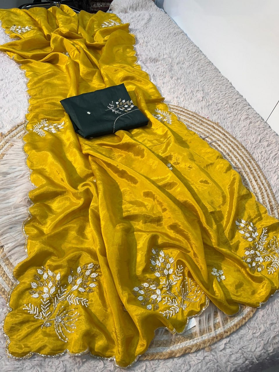 Soft shine HO silk saree with heavy hand work pallu