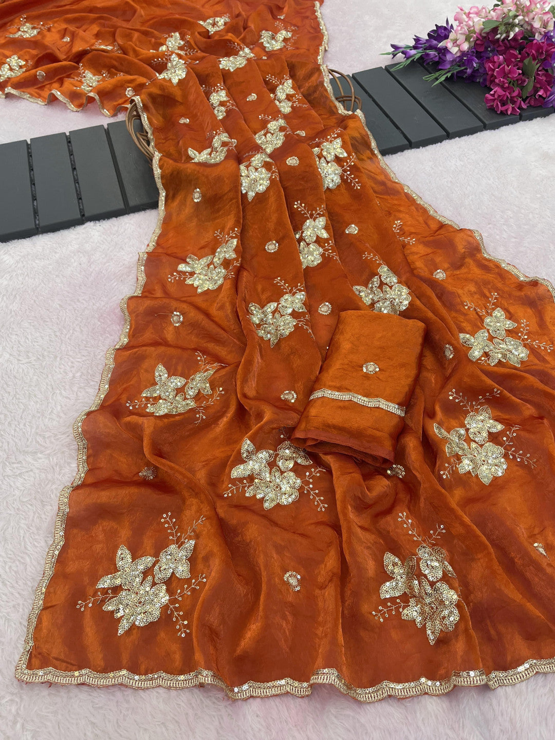 Soft fandy satin silk saree with embroidery and sequence work