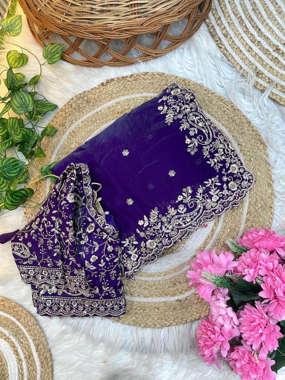 Fancy fandy satin silk saree with sequence work and Ready made blouse
