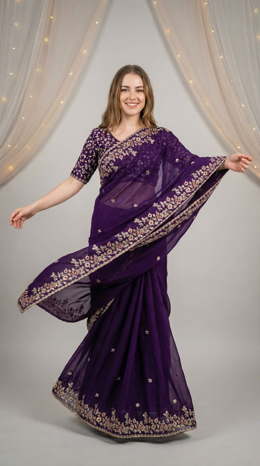 Chiffon Silk Saree with Sequence Work & Cut Work Border