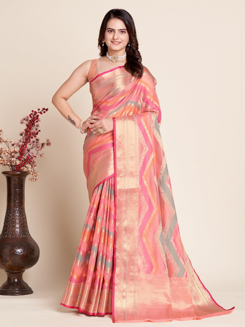 Pastel Gold Designer Banarasi Silk Saree