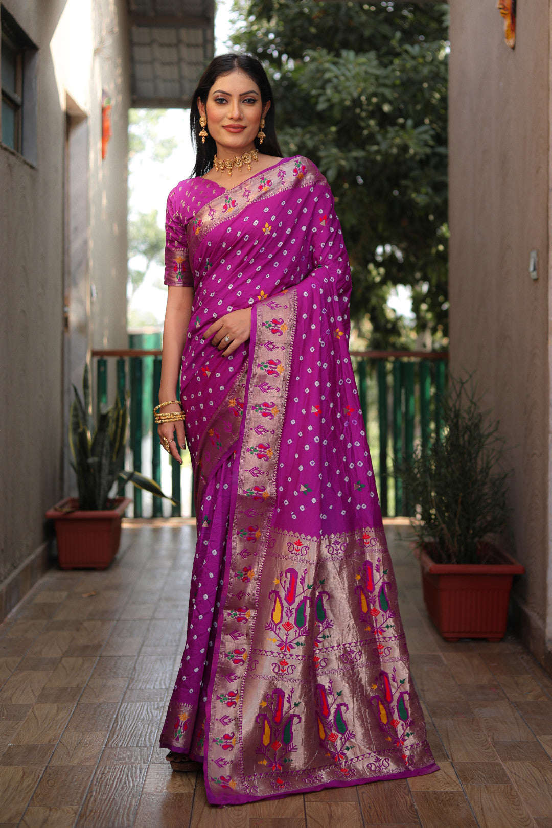 Bandhani Silk saree with bandhej and zari weaving work