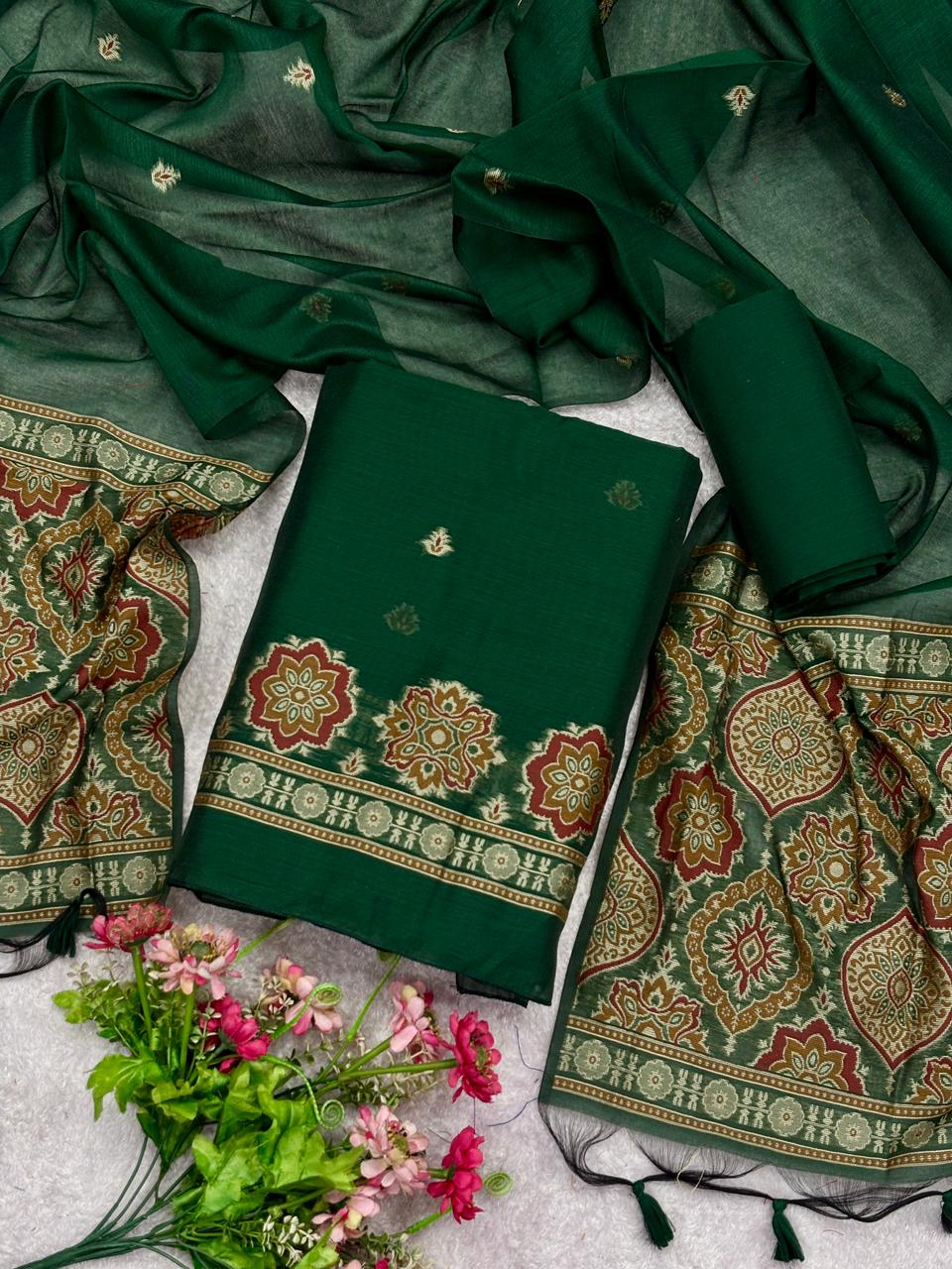 Unstitched Ajrakh Weaving Pure Muga Cotton Salwar Suit with Dupatta & Bottom