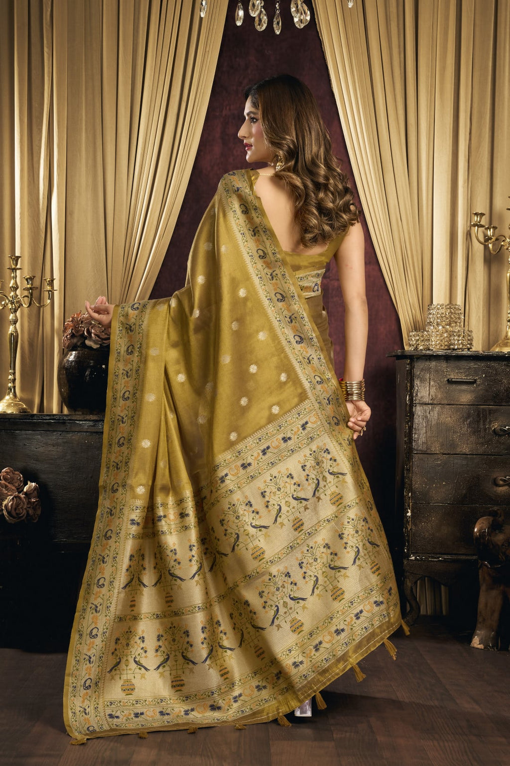 Soft tissue paithani silk saree with thread weaving work
