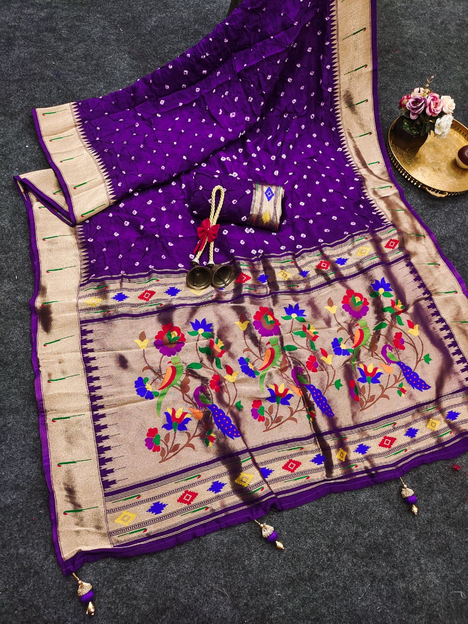 Soft viscose Modal hand bandhej paithani saree with Meena weaving work