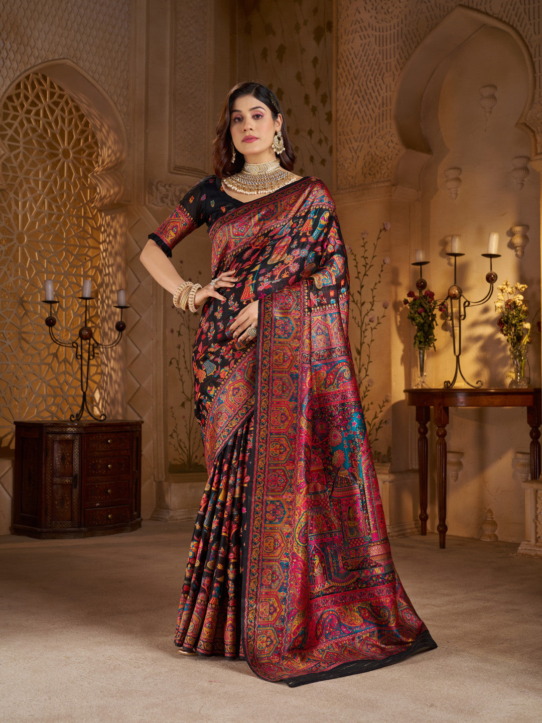 Traditional pashmina silk saree with woven design
