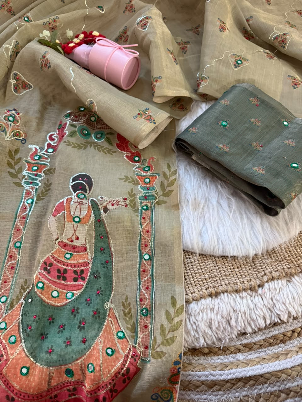 Beige color soft simar silk saree with embroidery and printed work