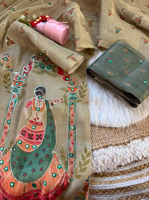 Beige color soft simar silk saree with embroidery and printed work