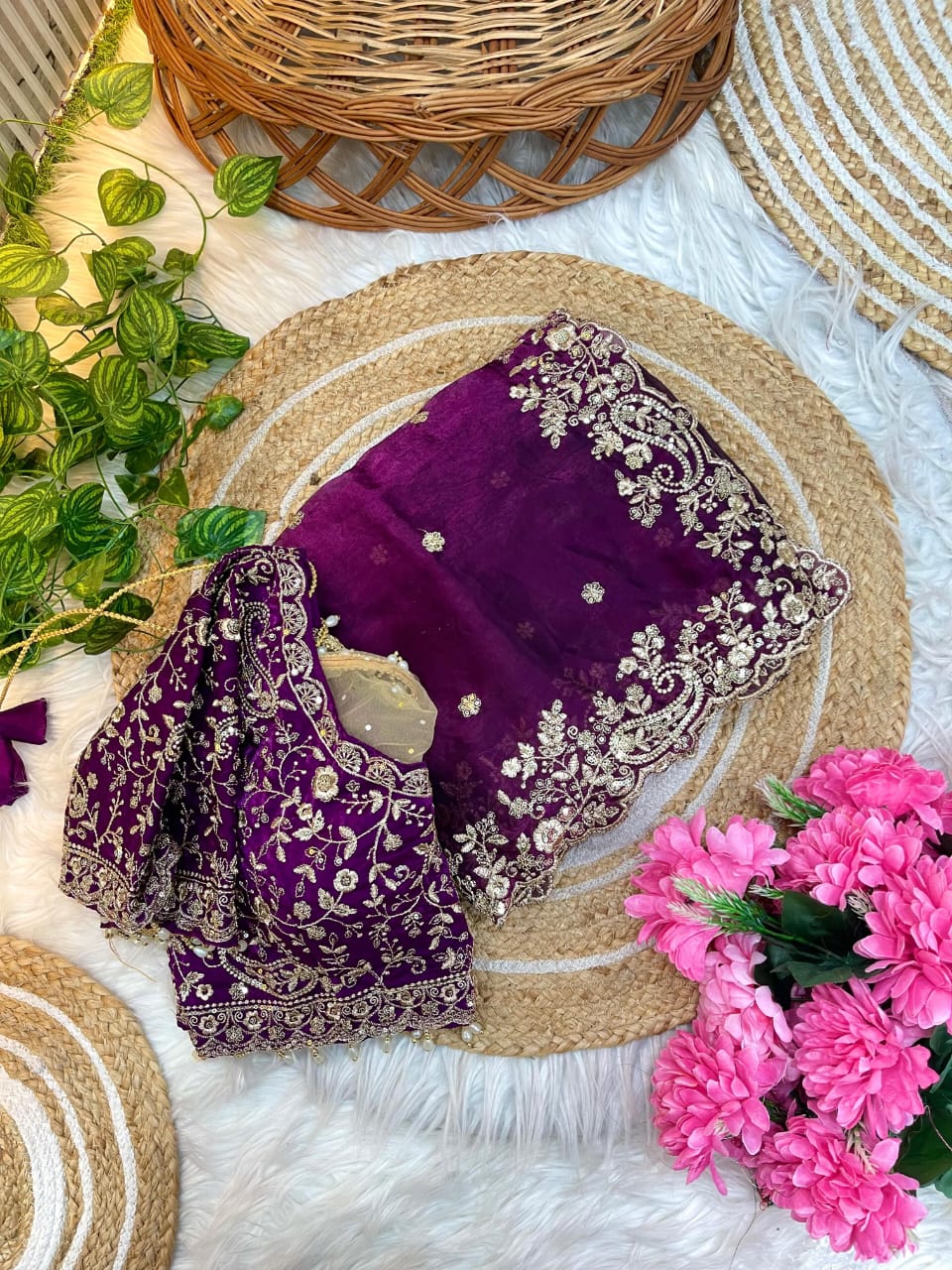 Fancy fandy satin silk saree with sequence work and Ready made blouse