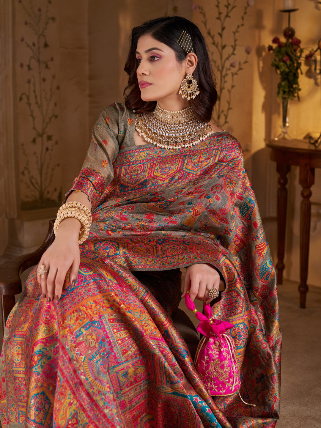 Traditional pashmina silk saree with woven design