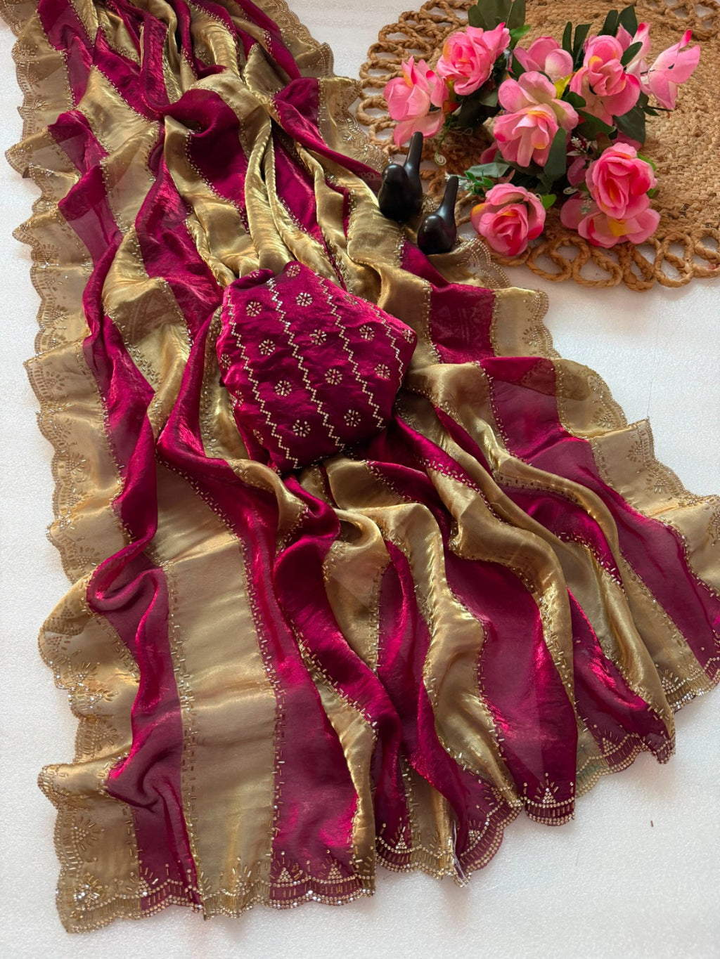 Fancy soft space silk saree with jarkhan and embroidery work