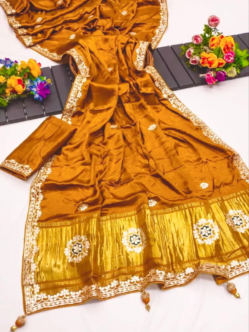 Pure Modal Gajji Silk Embroidered Saree with Rich Golden Pallu (Multi-Color)