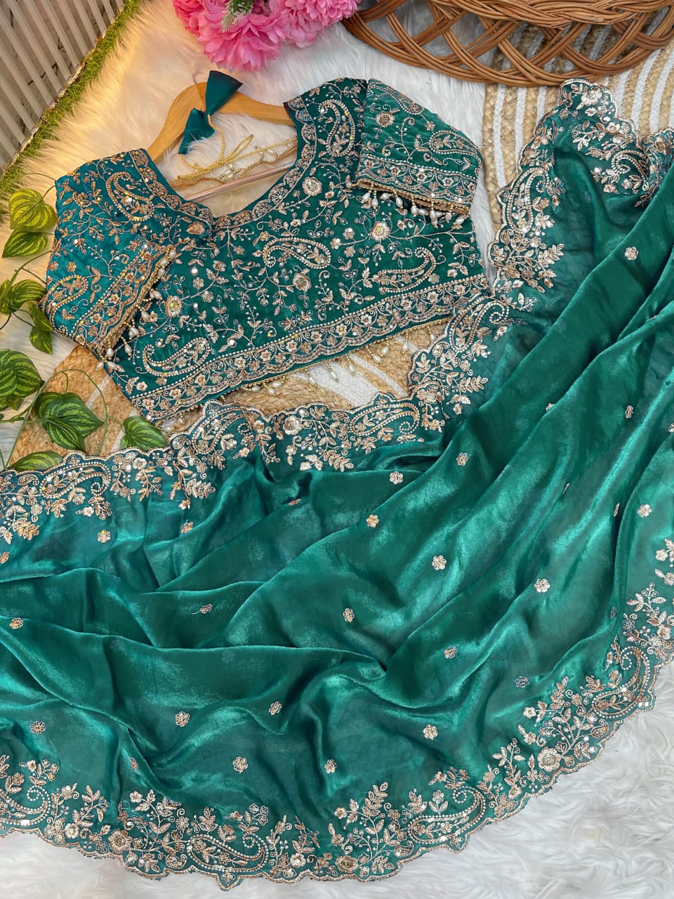 Fancy fandy satin silk saree with sequence work and Ready made blouse