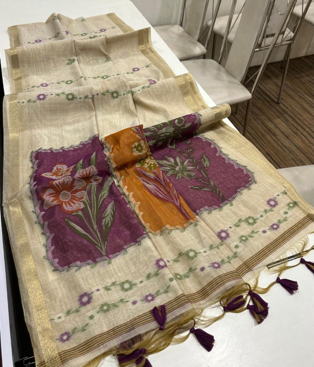 Premium muga cotton saree with multi colour flower weaving pallu