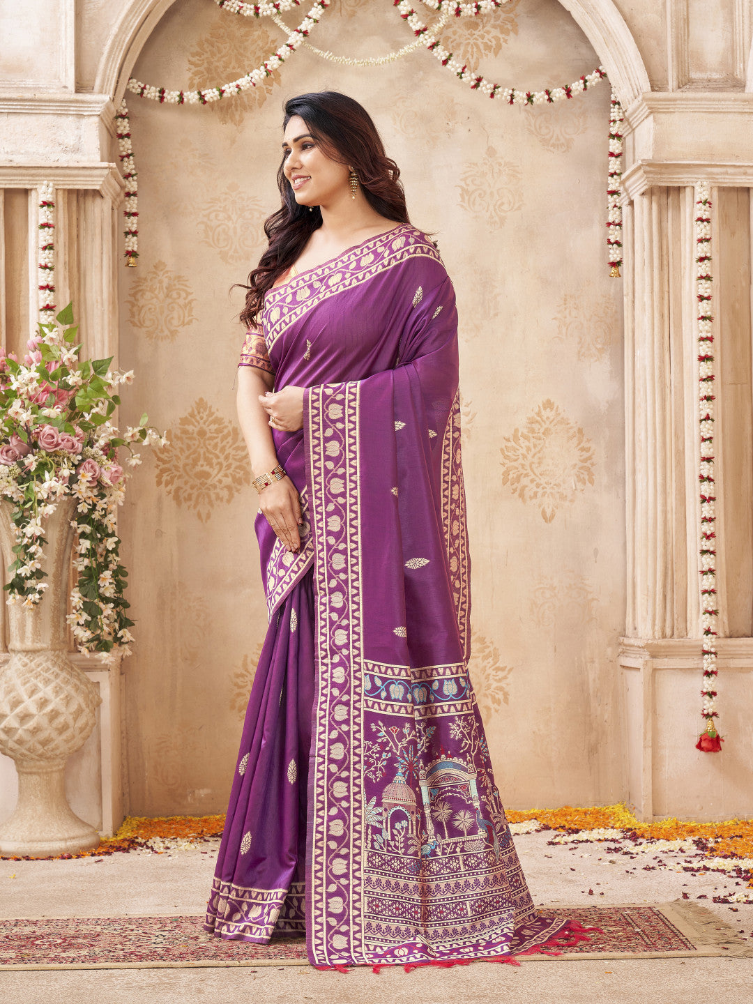 Soft Bangalore handloom raw silk saree with meenakari weaving work