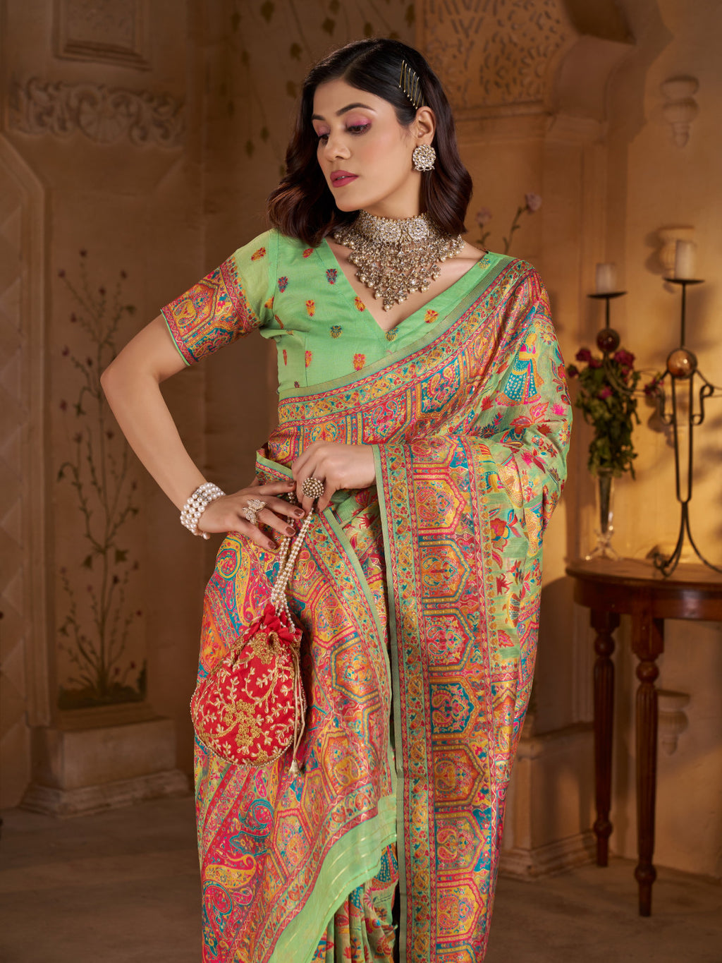 Traditional pashmina silk saree with woven design