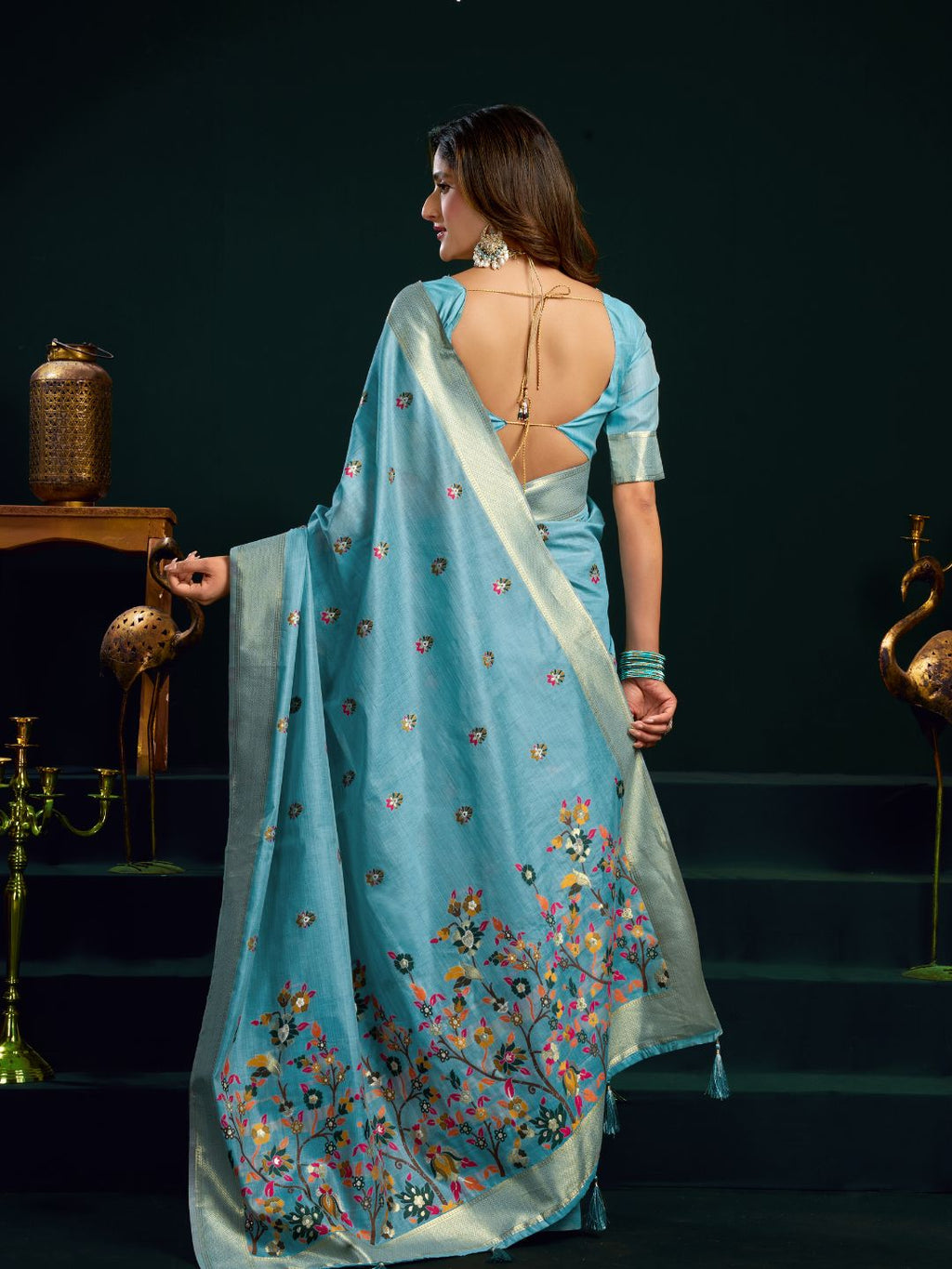 Muga cotton saree with meenakari weaving zari border work